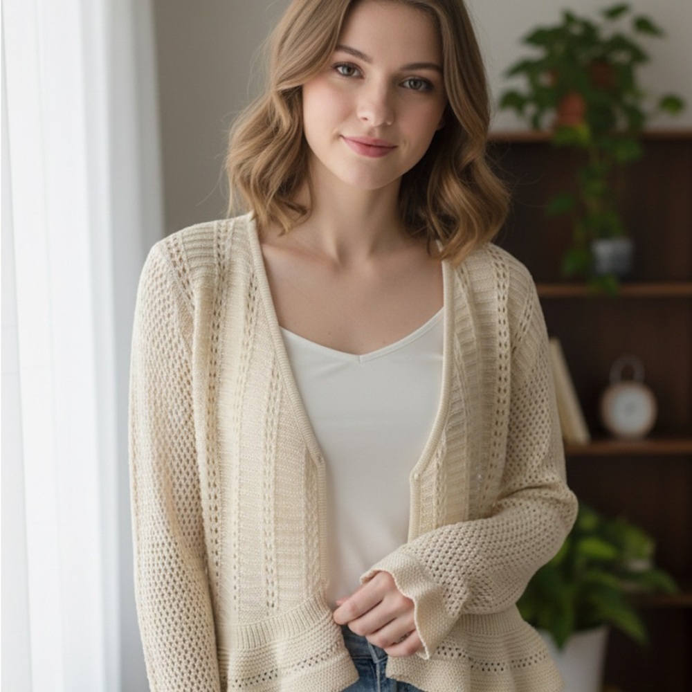 SHEIN Cream Ruffle Hem Cardigan Size Small